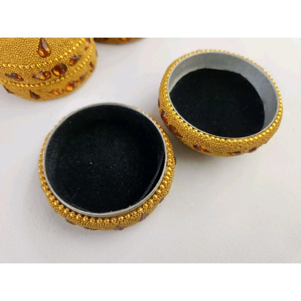 Vtg Round Hand Beaded Trinket Boxes‎ Yellow Gold Beads Jeweled Wedding Set of 5
